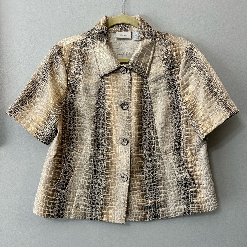 Chico's Women’s Short Sleeve Blazer Gold  & Brown Metallic Snakeskin Print Sz 2